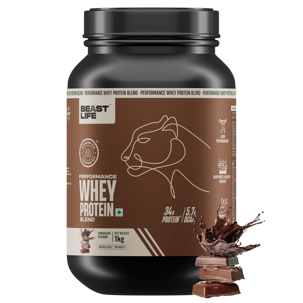 BeastLife Performance Yeast Whey Blend | 34g Protein | 5.7g BCAA | 1Kg | Chocolate | Muscle Growth & Recovery | Easy to Digest with Ultrasorb Tech | Smooth & Easy to Mix | Contains Whey Protein Concentrate & Yeast Protein