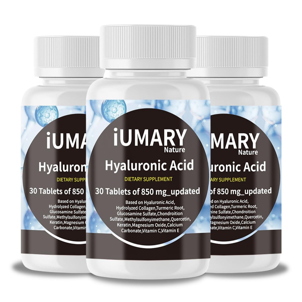 Hyaluronzuursupplementen, 850 mg Hoog Biobeschikbaarheid Dieet Hyaluronzuur - Geavanceerde gezamenlijke ondersteuning met Gehydrolyseerde Collageen, Kurkuma, Glu-cosamine, MSM, Vitamine C 