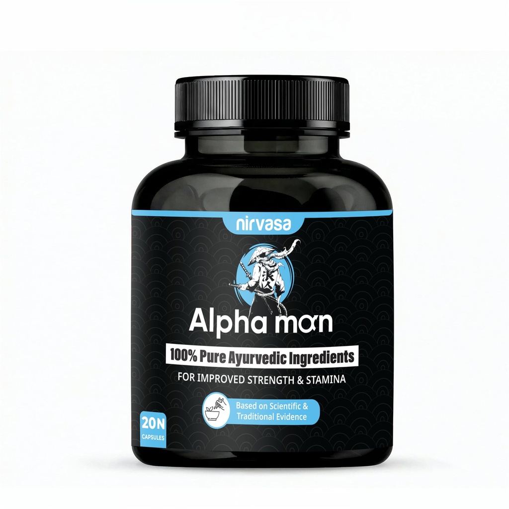Nirvasa Alphaman Capsules for Improved Strength and Stamina with Pure Ayurvedic Ingredients | Vidarikhand, Akarkara, Jaiphal, Kaunch Beej, Musli, Shilajit, and Shatavari | Helps to Increase T-Levels, For Performance Support, Muscle Support And Energy Support | Enriched with Rajat Bhasma - 20 Capsules