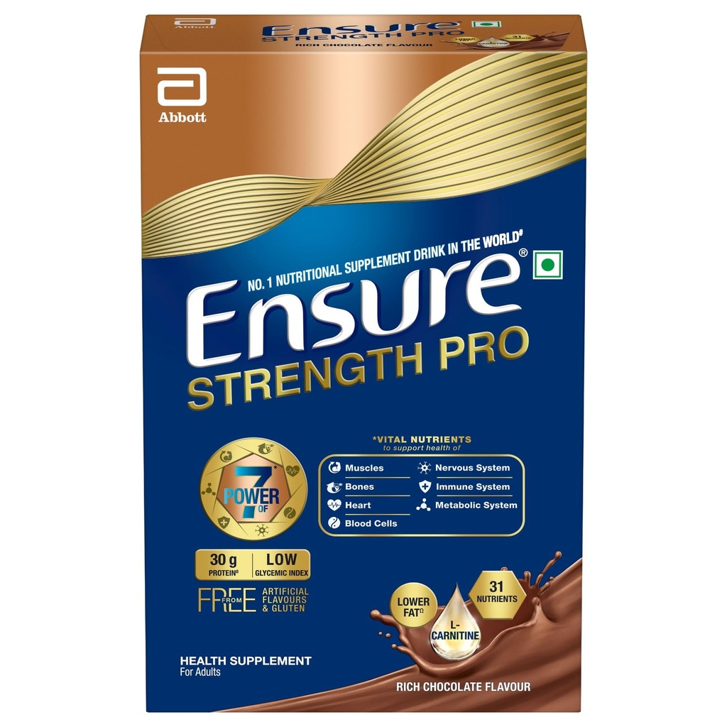 Ensure Strength Pro | High Protein Nutritional Drink for Adults | Rich Chocolate (400g) | 30g Protein, Low GI, Gluten Free | L-Carnitine| No Artificial Flavors | Scientifically formulated with Power of 7- Muscles, Bones, Heart, Immune System, Metabolic System, Nervous system, Blood Cells health