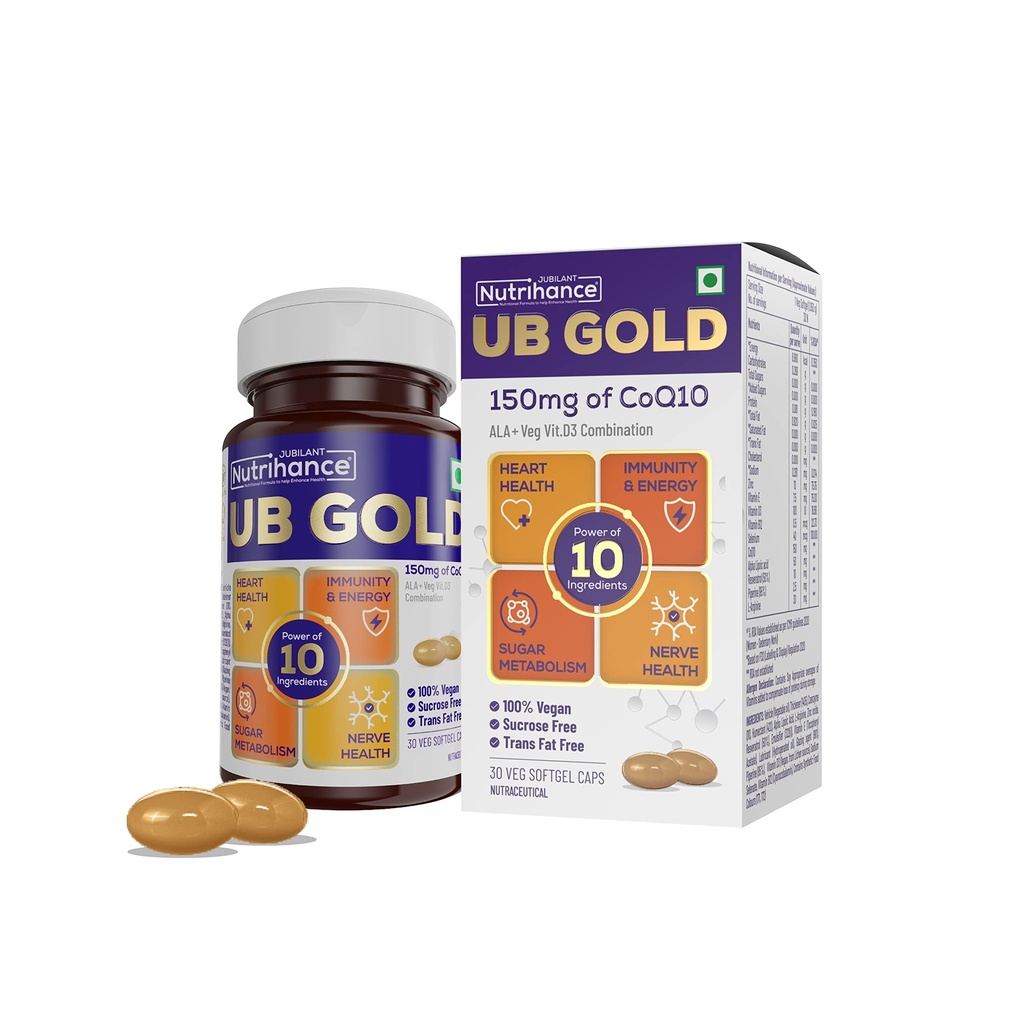 UB Gold Coenzyme Q10 (CoQ10) 150mg Supplement 100% Vegan Softgel | ALA, Resveratrol, Vit B12, Vit D3| Boost Immunity |Support Heart Health (30 Veg Softgels)