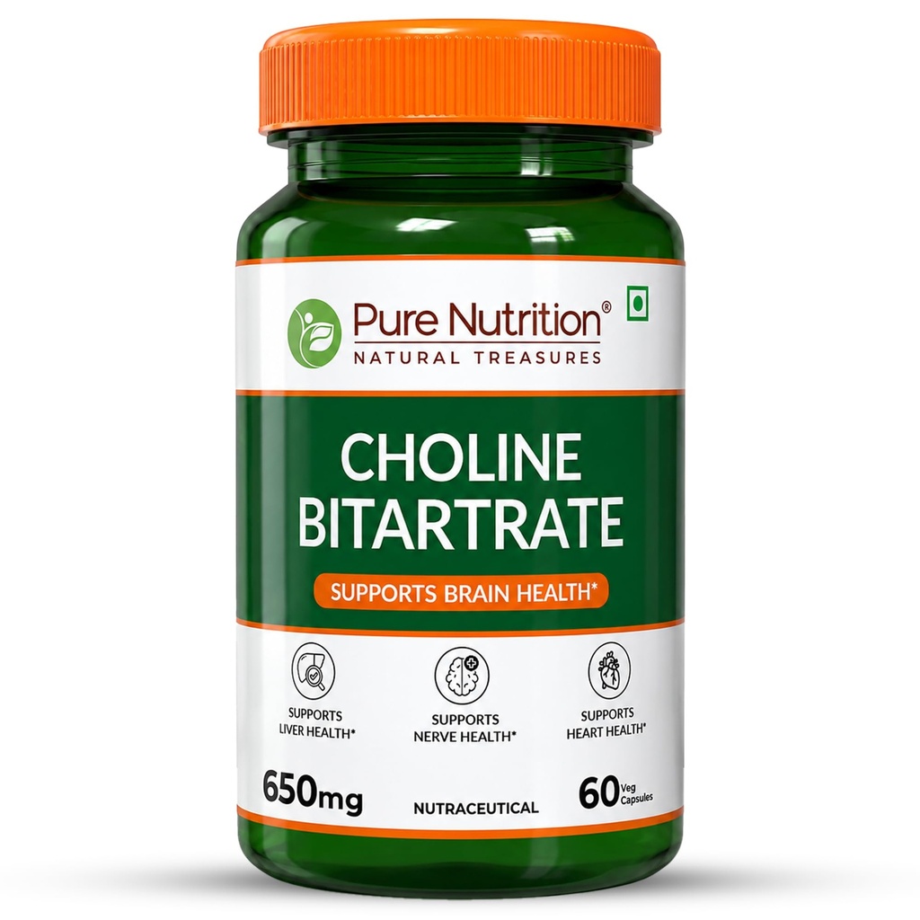 Pure Nutrition Choline Bitartrate 650mg | Choline Supplements Supports Brain, Nerve, Liver & Heart Health | Nootropic Supplement for Cognitive Function - 60 Veg Capsules