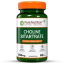 Pure Nutrition Choline Bitartrate 650mg | Choline Supplements Supports Brain, Nerve, Liver & Heart Health | Nootropic Supplement for Cognitive Function - 60 Veg Capsules