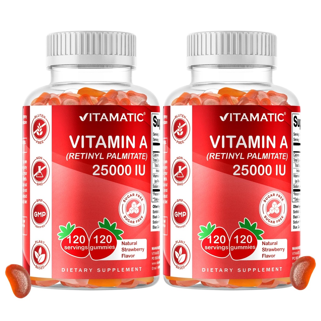 Vitamatic Sugar Free Vitamine A 25000 IE Gummies (Retinyl Palmitate) - Natural Strawberry Flavor - 120 Pectin Based Gummies (2 flessen)