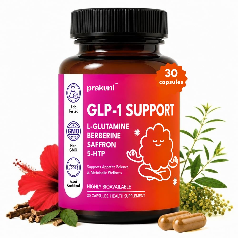 GLP-1 Daily Support Capsules with Berberine & SaffronPrakuni GLP-1 Daily Support Capsules with Berberine, 5-HTP, Saffron & Chromium, Appetite & Satiety Support, Metabolism & Energy Wellness Supplement, 30 Capsules
