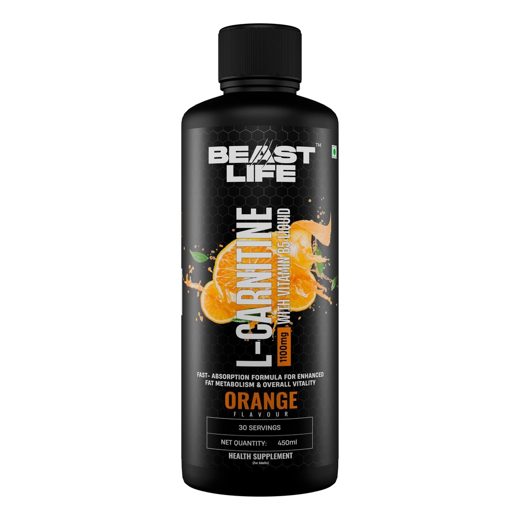 BeastLife L-Carnitine Liquid | 1100mg (Orange Flavour, 450 ml, 30 Servings) Converts Fat to Energy | Supports Weight Loss & Fat Burn | With Vitamin B5 | No Added Sugar