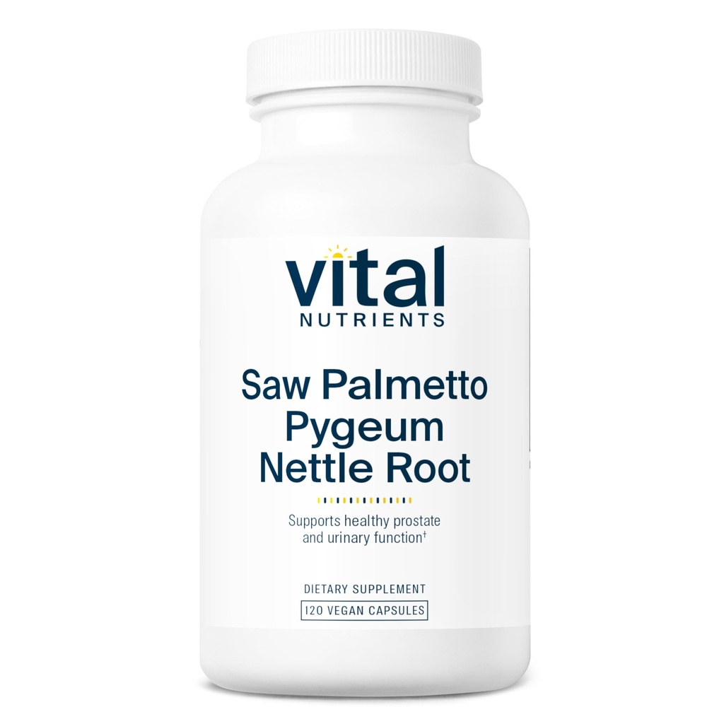 Vitale voedingsstoffen Saw Palmetto met Pygeum en brandnetelwortel - Vegan Saw Palmetto voor mannen ondersteunt gezonde prostaatfunctie* - Gluten, zuivel, sojavrij - 120 capsules