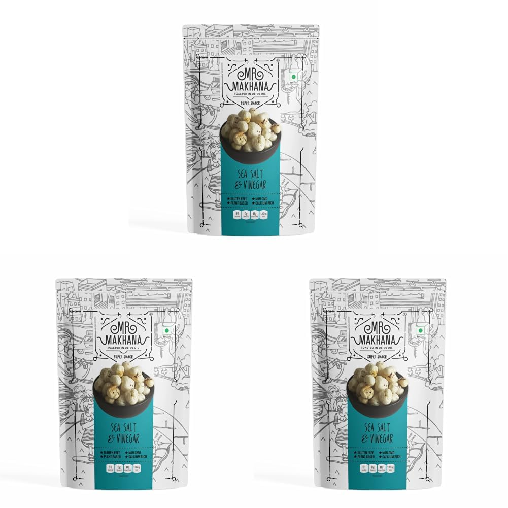 Mr. Makhana Roasted Makhana and Foxnuts | Healthy Snacks | Gluten Free | MSG Free | Antioxidant | Rich Calcium | Zero Trans Fat | Zero cholesterol (Sea Salt & Vinegar)55 gm (Pack of 3)