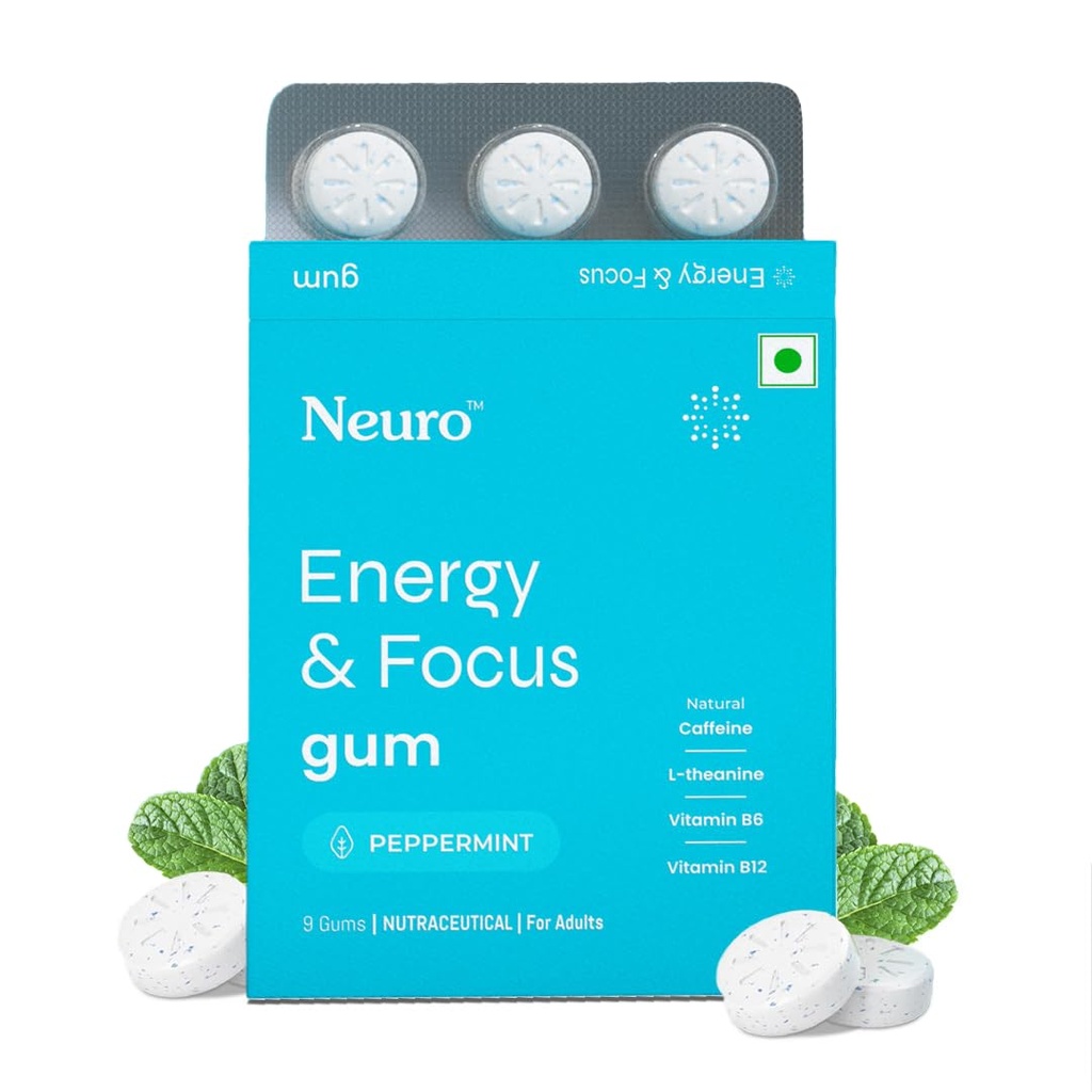 Neuro Energy & Focus Gum - Peppermint | Quick Energy Boost & Enhanced Focus | Natural Caffeine + 60 mg L-Theanine + Vitamin B6 & B12 | No Added Sugar | Aspartame Free | 45 Gums