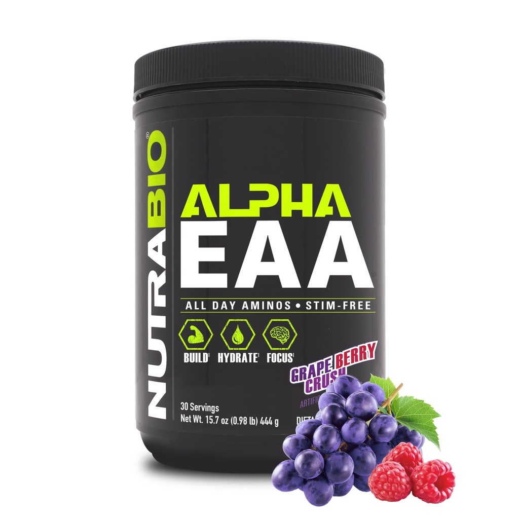NutraBio Alpha EAA - All-Day Amino Acids for Muscle Growth and Hydration - Essential Amino Acids with Nootropics & Adaptogens- Full Spectrum EAA BCAA Powder - 30 Servings - Grape Berry Crush