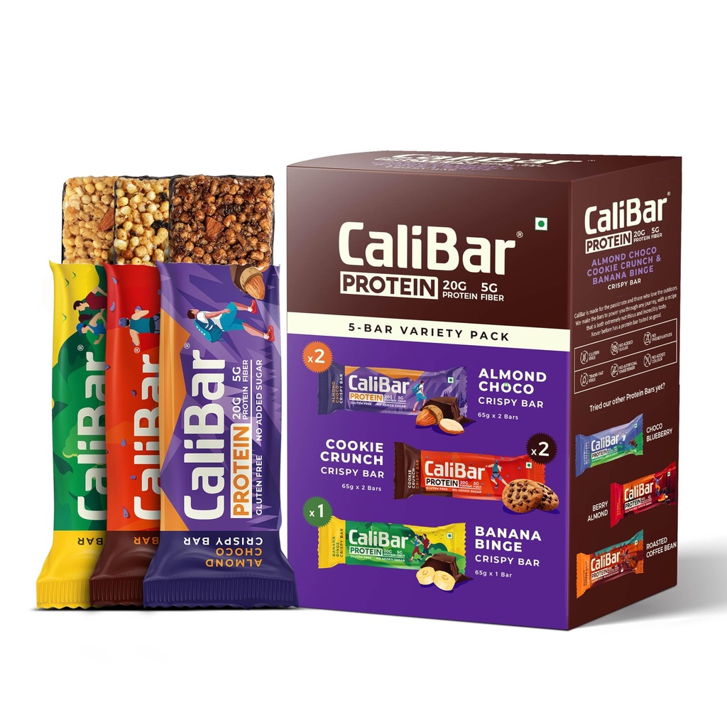 CaliBar 20g Protein Bar - Almond Choco, Banana Binge, Cookie Crunch Crispy Bar (Combo Pack of 5) Assorted Pack, No Added Sugar, Gluten-Free, 5g Fiber, No Preservatives,No Palm oil, Delicious Taste & 100% Veg. | Guilt-Free snacking for High Protein diets, Sustained Energy, Fitness & Immunity (65g x 5 )