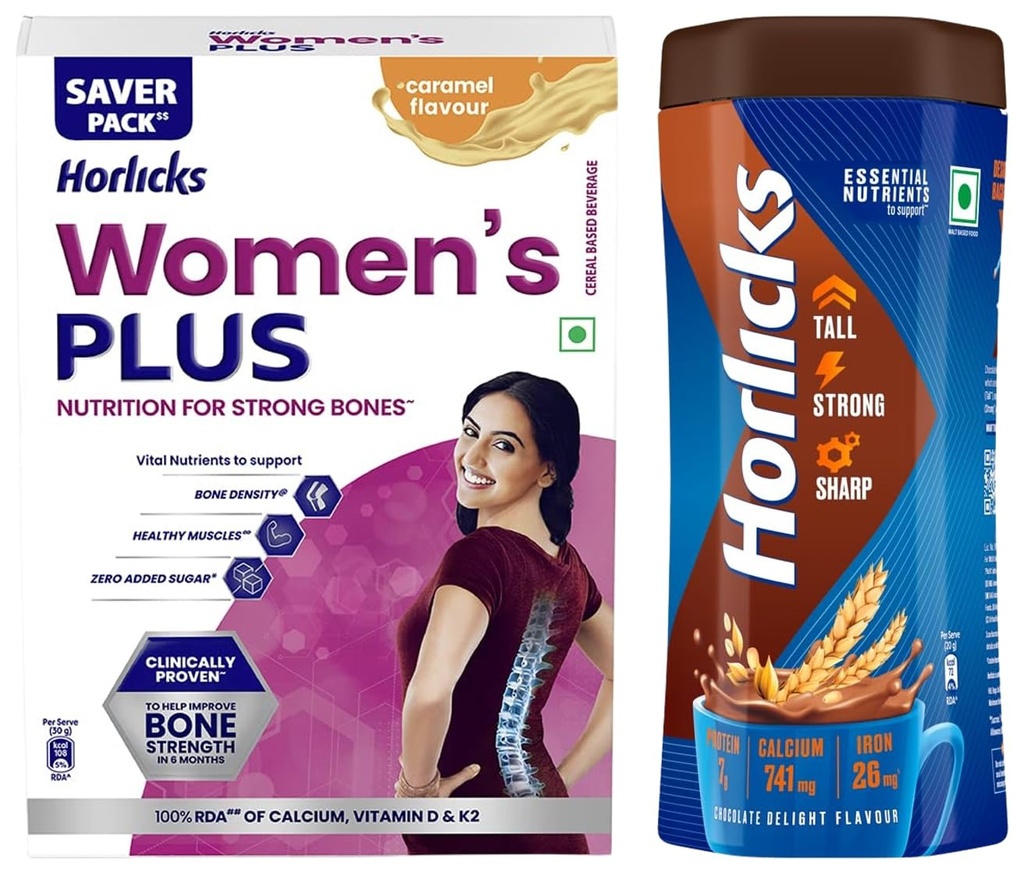 Horlicks Women'S Plus Caramel Nutrition Drink 400 G Refill Pack, Nutrition For Strong Bones With 100% Daily Calcium & Vitamin D - No Added Sugar & Chocolate Nutrition Drink || Jar 500 G