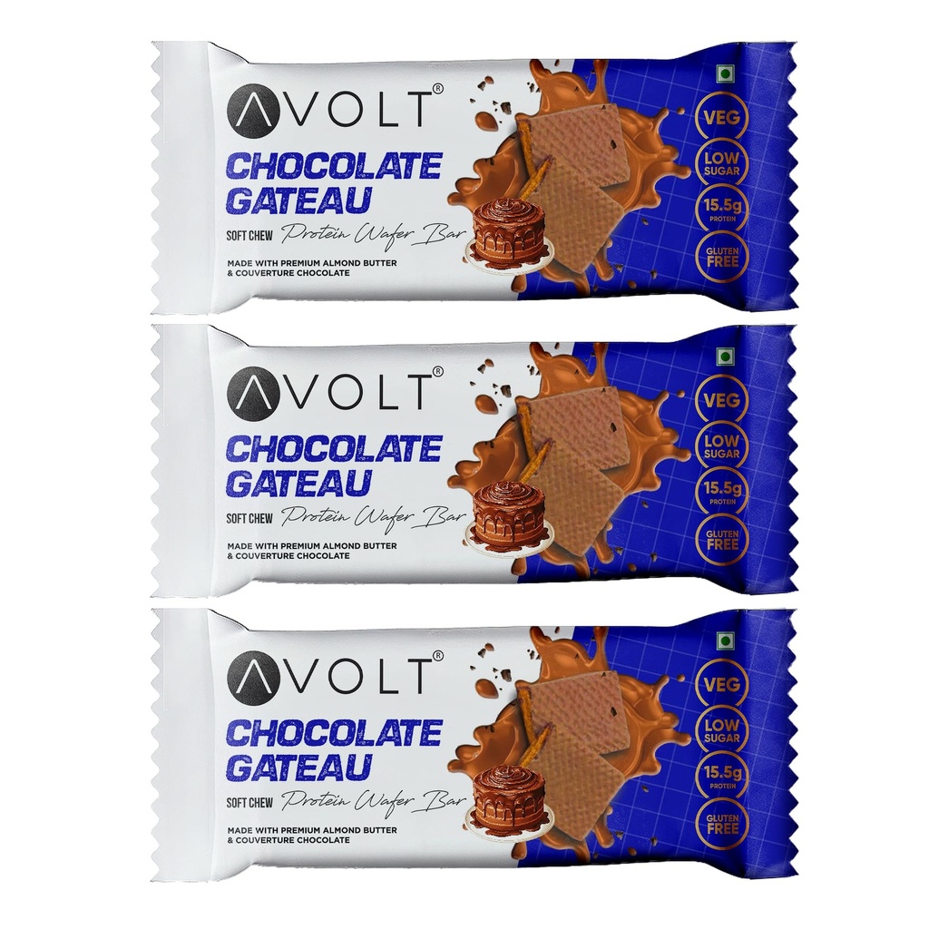 Avolt Chocolate Gateau Protein Bars with 15.5g Protein | Pack of 3 x 50g each | High Energy Wafer Bars, No Added Sugar, Guilt-Free, Blend of Almond Paste, Fibre and Multigrains for Fitness & Immunity Booster