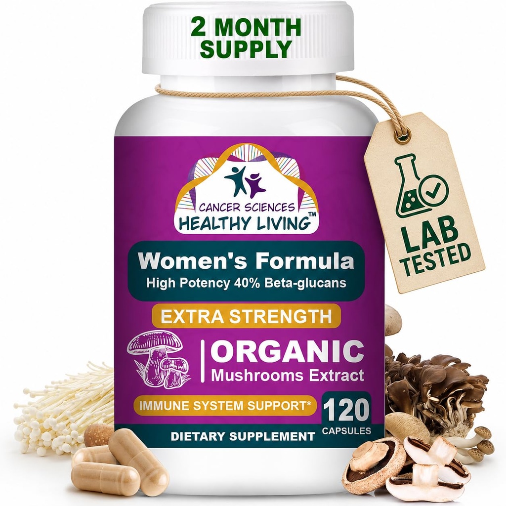 Sciences du cancer Multivitamine biologique pour les femmes - Extrait de supplément de champignons - Vitamines de soutien hormonaux et immunitaires - 1500mg Complexe de champignons de mieux-être non OGM avec 40% Beta-Glucans,120 Capsules