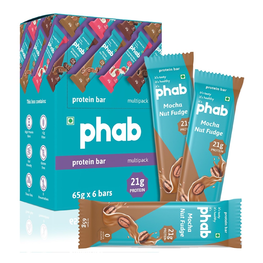 Phab 21G Mocha Nut Fudge Protein Bar | 8G High Fiber | Pea & Whey Protein Isolate, No Preservatives, 100% Veg Protein Bar| Gluten-Free Protein Bars For Fitness, Energy & Immunity (Pack of 6)
