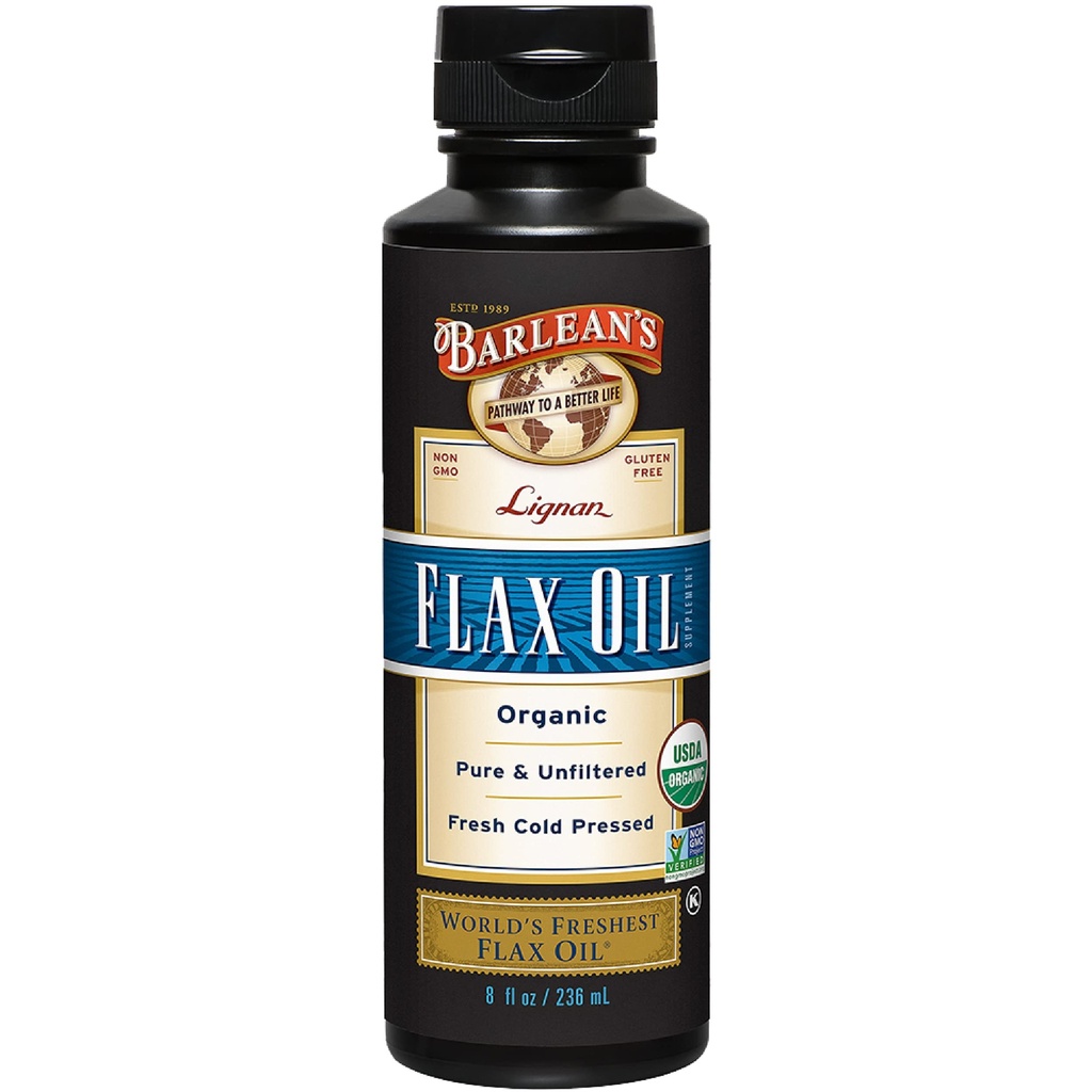 Barlean's Organic Lignan Flaxseed Oil Liquid Supplement from Cold Pressed Flax Seeds, 7 230 mg ALA Oméga-3 Acides gras pour soins de la peau et des cheveux, végétalien et sans gluten, 8 oz
