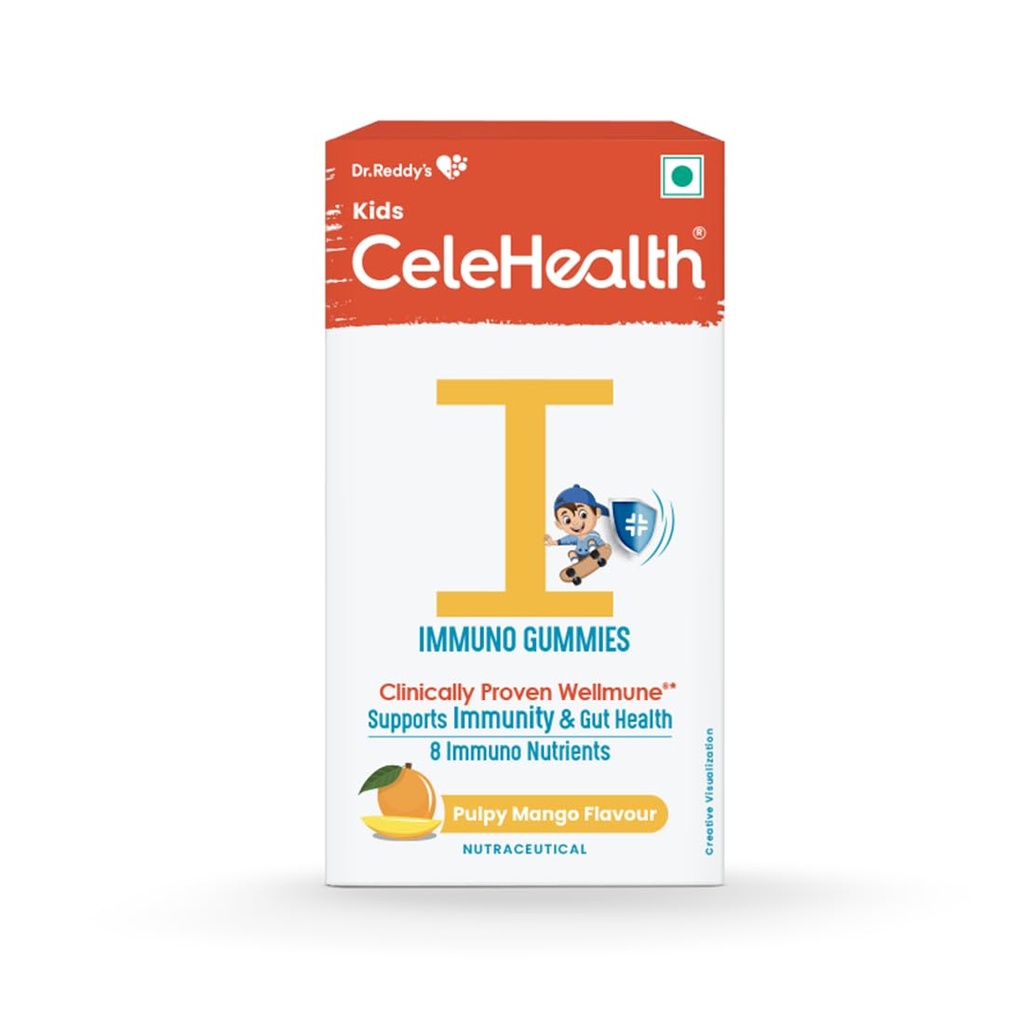 Dr. Reddy's Kids CeleHealth I Immunity Gummies with clinically proven wellmune, Vitamin C & Zinc for Kids (4-12 Years) | Pulpy Mango Flavour | 30 Gummies - Pack of 1