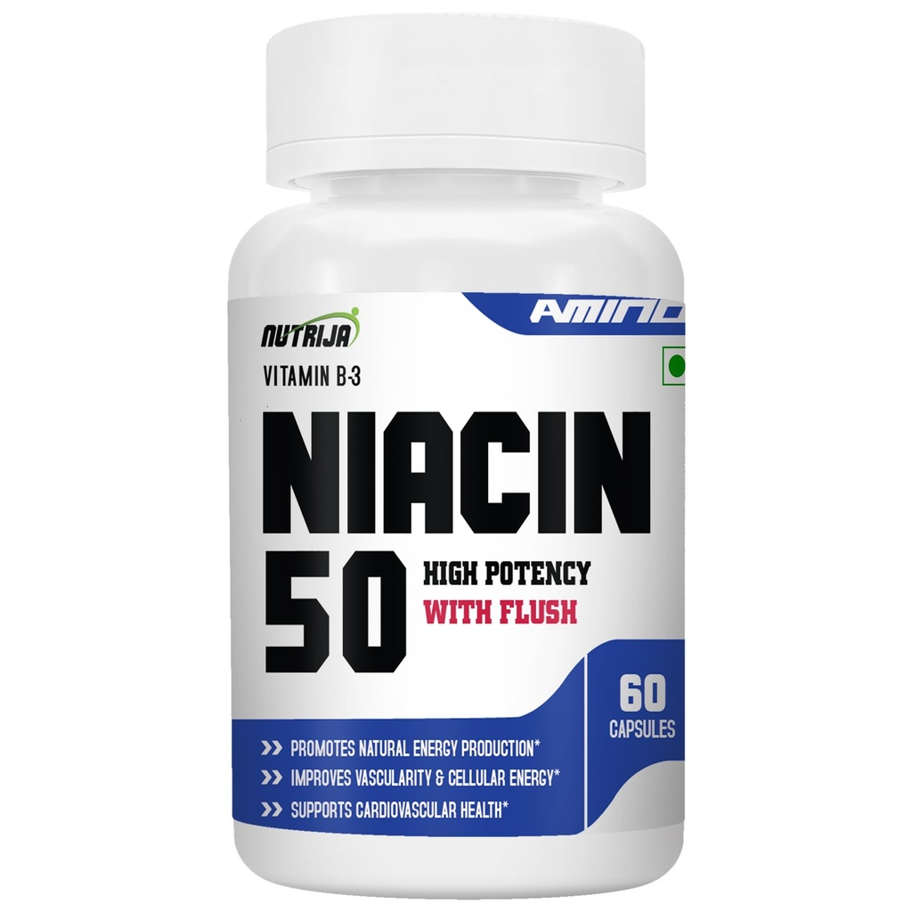 NutriJa Niacin 50 Vitamin B-3 (Nicotinic Acid) | for Vascularity & Increase Cellular Energy- 60 Capsules