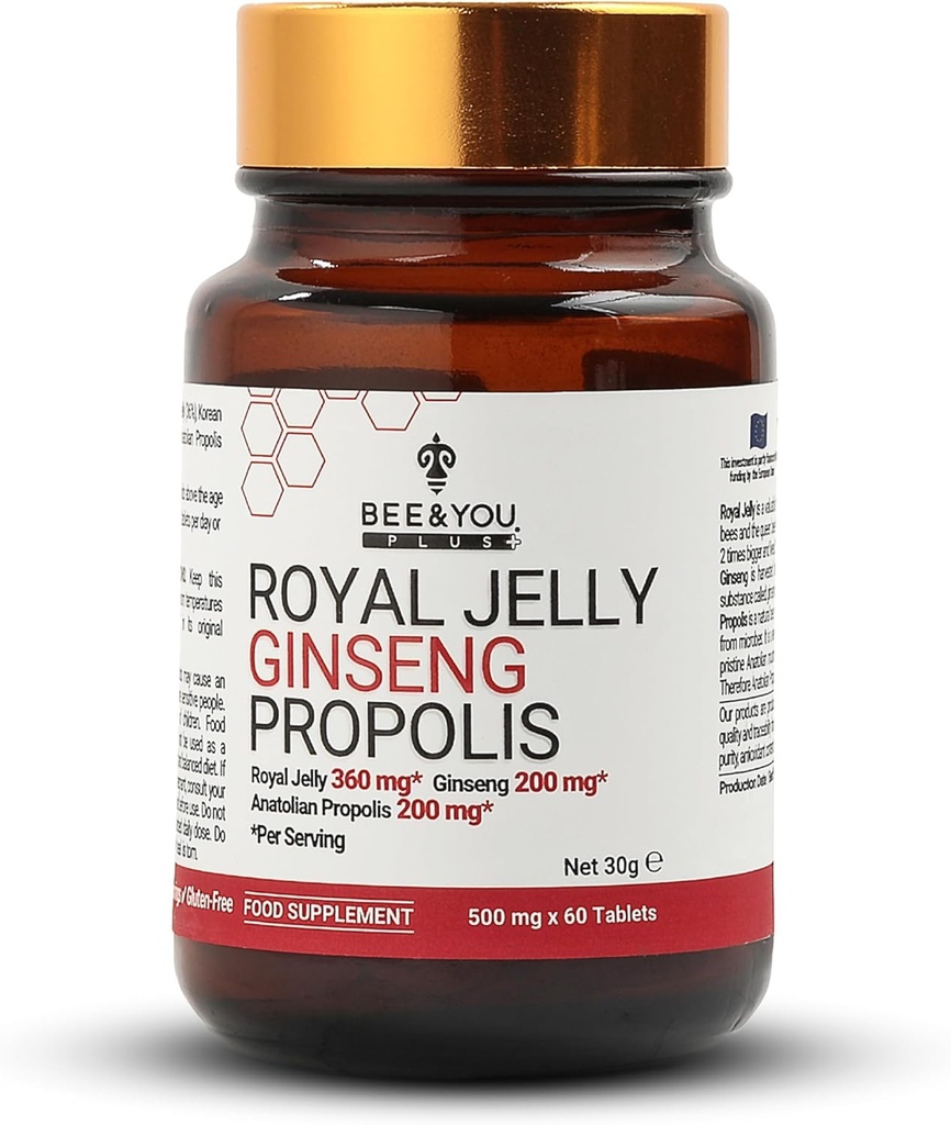 Bij en u Royal Jelly met Ginseng Tablet, Propolis Extract, 60ct, 100% natuurlijke Superfood, Ultra Pure, Immune Support Supplement, Antioxidanten, Keto, Paleo, Glutenvrije