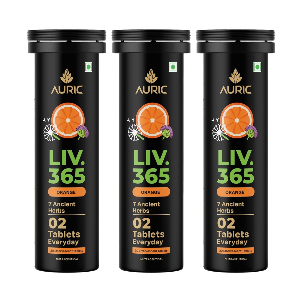 Auric Liv 365 Orange Effervescent Tablets | With Milk Thistle (Silymarin), Turmeric, Licorice, & Dandelion | Herbal Wellness Supplement | Plant-Based | 60 Tablets