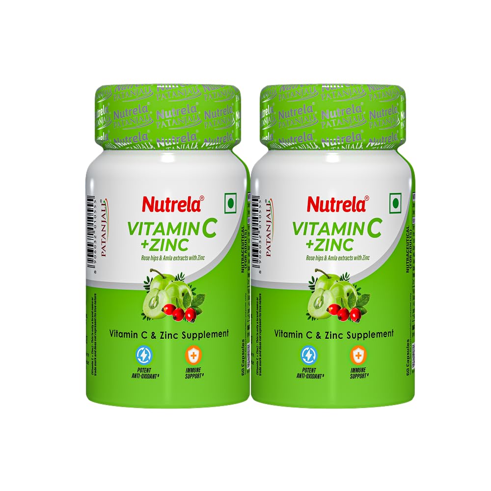 Nutrela Vitamin C and Zinc for Men & Women - 60 Capsules | Boost Immunity | Supports Energy | Antioxidant | Skin Care Supplement | Pack of 2