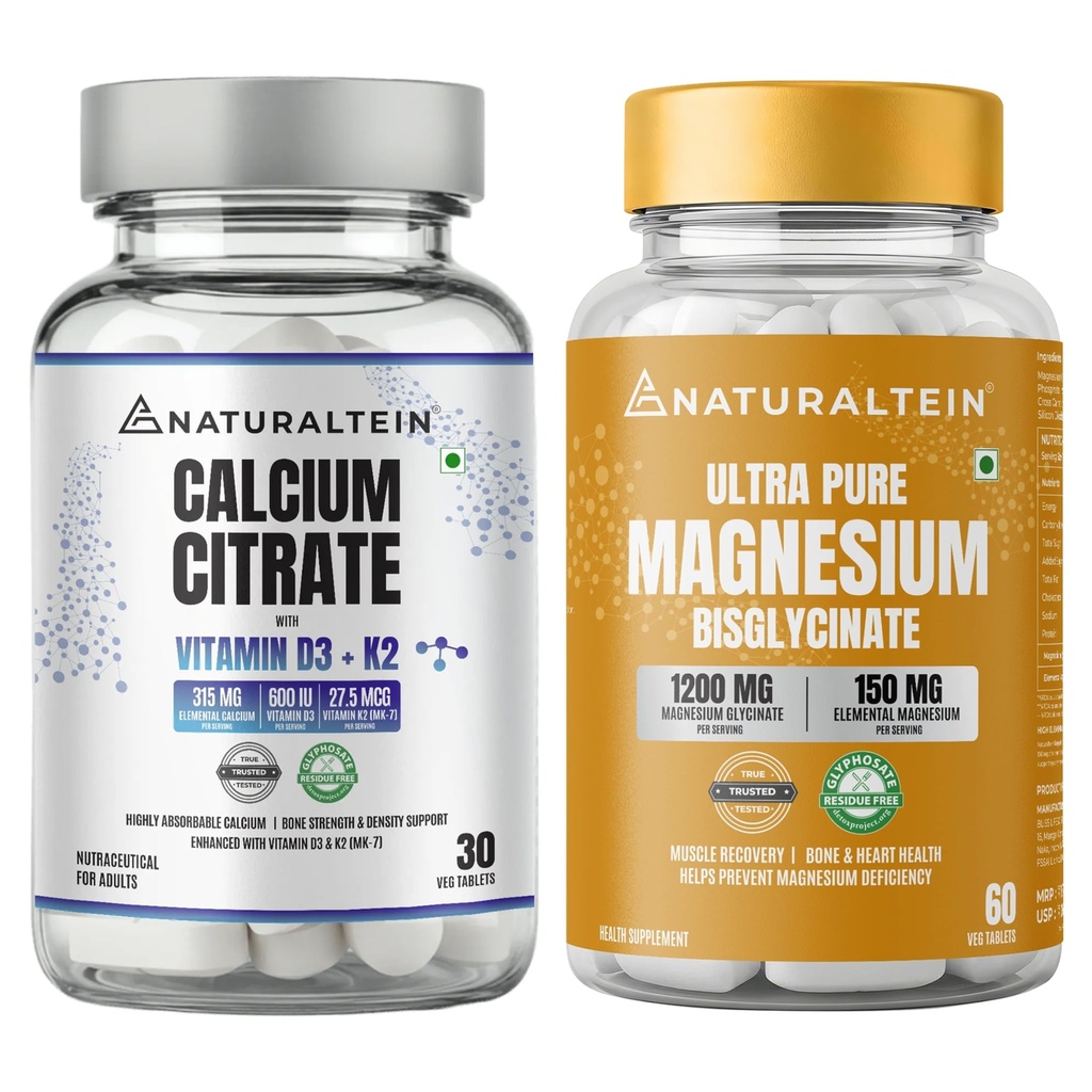 Naturaltein Calcium Citrate with Vitamin D3 & K2 MK7 30 Tablets + Naturaltein Magnesium Glycinate 1200mg 60 Tablets | Bone Strength, Muscle Relaxation, Sleep & Recovery Support Combo