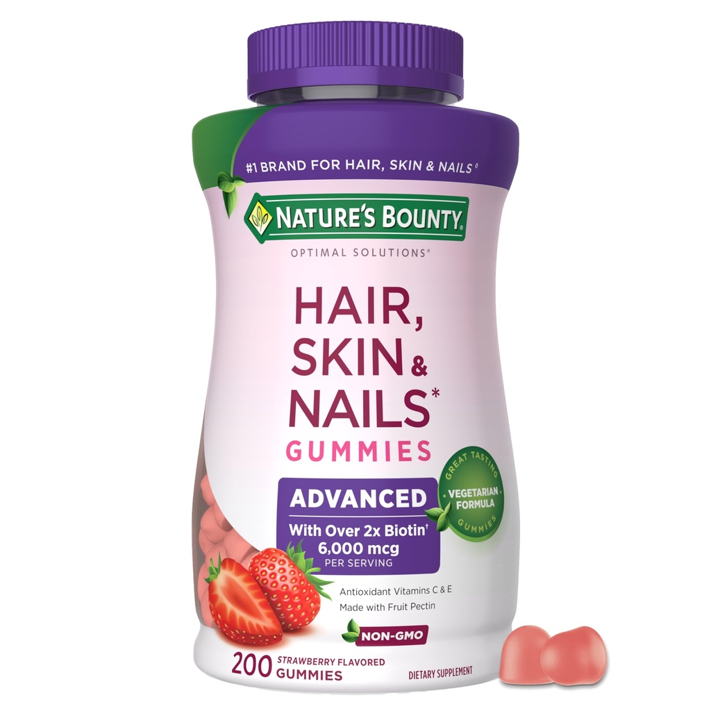NatureS Bounty Solutions optimales Cheveux, peau et ongles avancés Gommies de pectine, 2x Biotine par service, sans bâton Gommy, formule végétarienne, goût de fraise, 200 ct, 100 portions totales