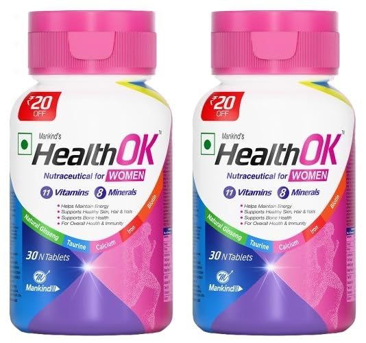Health OK Women Multivitamin 30 Tablets – Strawberry Flavour, Pure Vegetarian, 19+ Essential Vitamins & Minerals with Biotin & Ginseng | Hair Skin Nails, Energy & Bone Health Support pack of 2