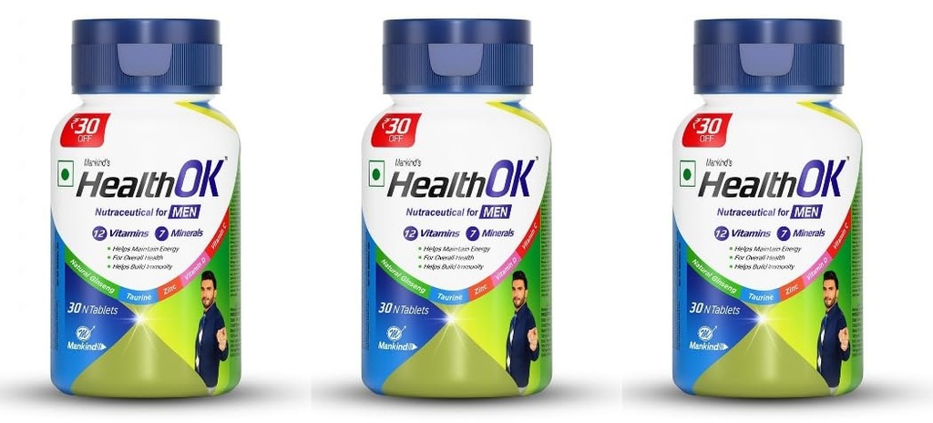 Health OK by Mankind Multivitamin Tablets with Natural Ginseng & Taurine - Lemon Flavour, 100% Vegetarian (30 Tablets x Pack of 3)