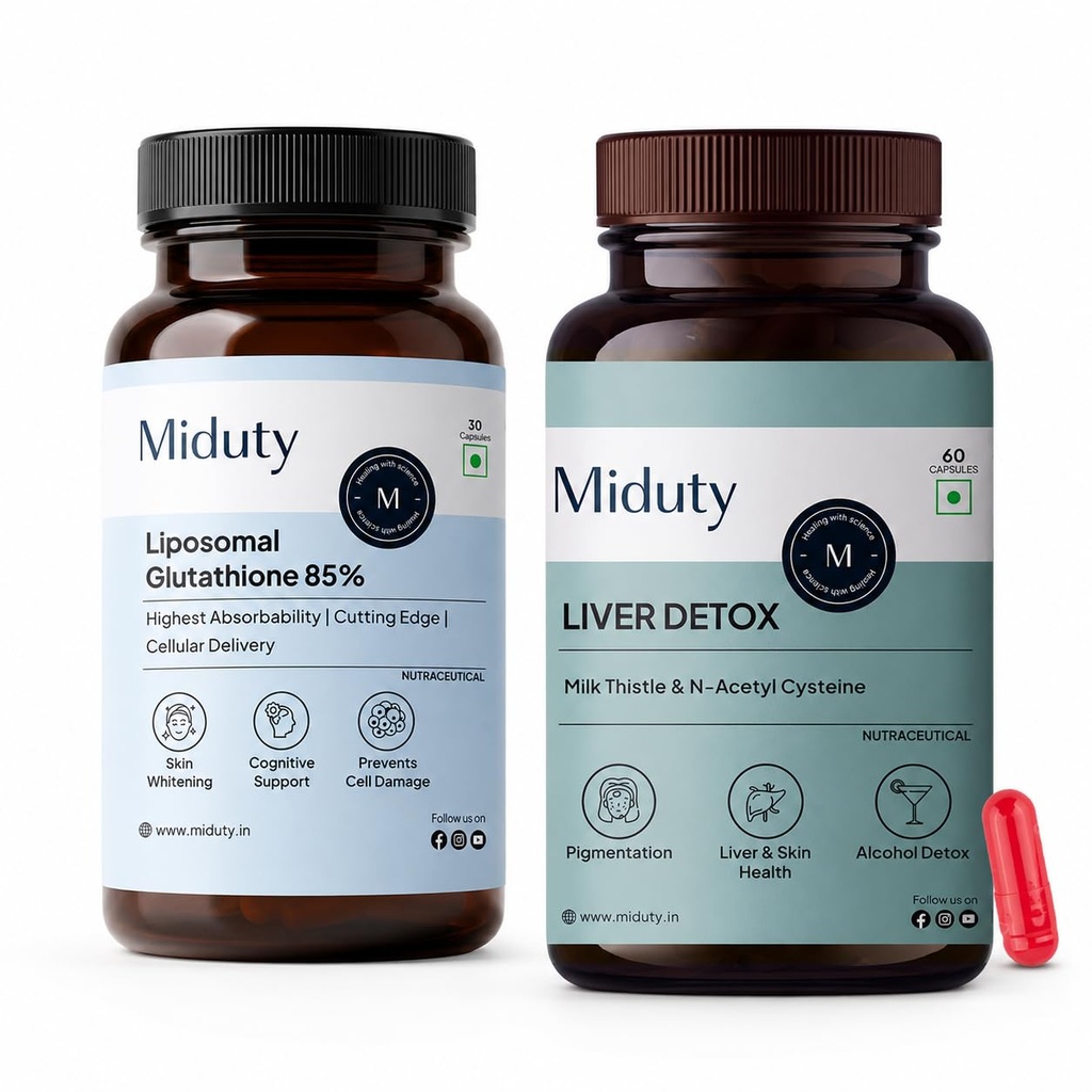 Miduty Liver Detox & Liposomal Glutathione Combo | Milk Thistle with NAC 900mg + 85% Liposomal Glutathione 650mg | Liver Detox, Antioxidant, Skin Brightening & Cellular Wellness | 30 & 60 Capsules