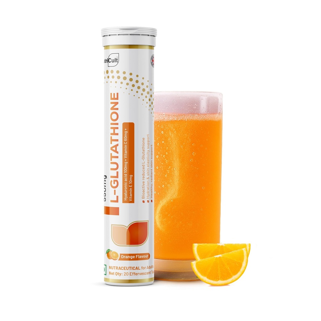 L-Glutathione 550mg - 20 Effervescent Tablets Glutathione Effervescent Tablets for Glowing Skin with Hyaluronic Acid Vitamin C & Vitamin E | Skin Glow Supplement For Clear Skin | Orange