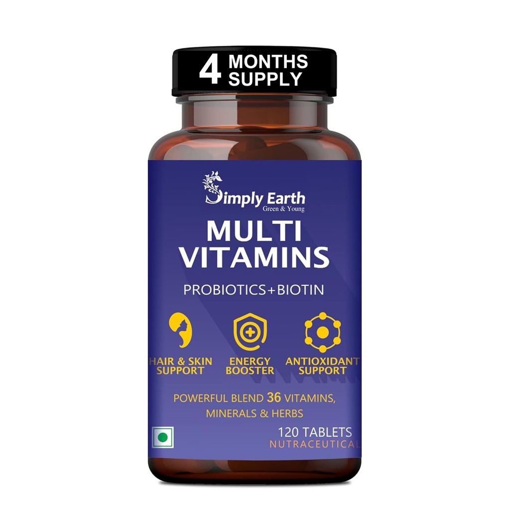 Simply Earth Multivitamin For Men & Women (120 Tablets) With 7 Vital Blends and 36 Nutrients - Probiotics Vitamin C, Zinc & Biotin