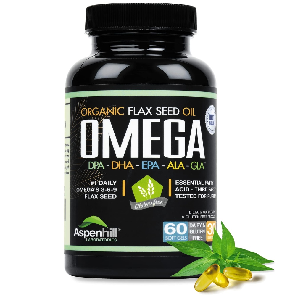 Vlaszaadolie - Omega 3 Super Blend met DPA, EPA, DHA, ALA en GLA met Vis, Borage en Biologische Vlaszaadolie - Meer dan 2.400 Milligram Kracht - Glutenvrij - Gemaakt in de VS - 60 SoftGels