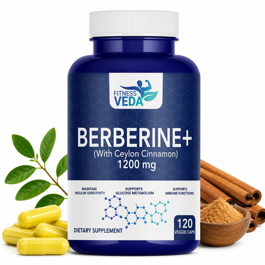 FITNESS VEDA Berberine HCL 1200mg - 120 Capsules High Potency Herbal Supplement for Blood Sugar & Insulin Support | Supports Metabolic & Cardiovascular Health | Non-GMO, Vegan-Friendly - 120 Capsules