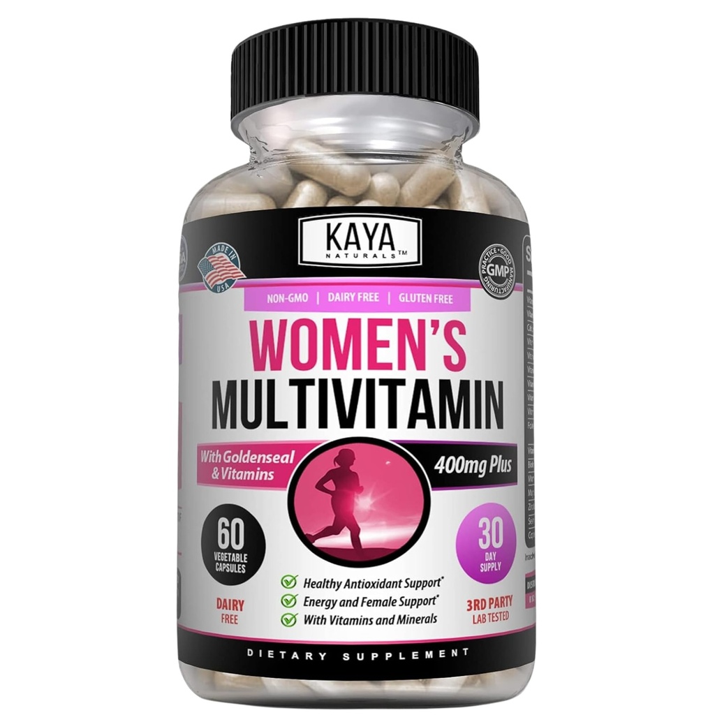 Kaya Naturals Vrouwen Multivitamine, Overall Healthy Antioxidant, en Immune Support, Vitaminen A, D, C, E, Biotine, Foliumzuur, & Multi-Mineraal, Energie & Metabolisme Vitamine Supplement 60 Tel.