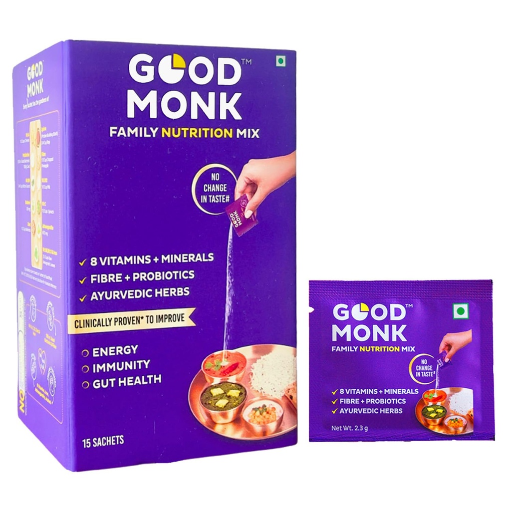 Good Monk Multivitamin,Probiotic&Fibre Mix(Add To Food,No Taste Change). Improves Energy,Immunity&Gut Health With Vitamin B12,C,D,Iron,Zinc,1.3 Bn Probiotics|For Kids,Men&Women-15 Sachets