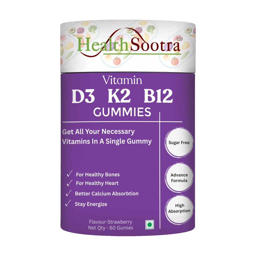 Vitamin D3 K2 B12 Gummies | 60 Gummies | Strawberry Flavour | Sugar Free Vitamin | Daily Wellness with Vitamin D, Vitamin K2 & Vitamin B12 supplements for Bone Health