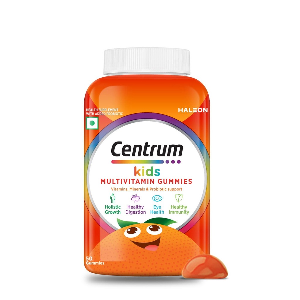 Centrum Kids- Multivitamin Gummies for Kids | Non-Habit Forming | With Zinc, Vitamin B, C, D for Overall Growth, Healthy Digestion, Eye Health, Immunity | Tasty Orange Flavour | Veg - 50 gummies