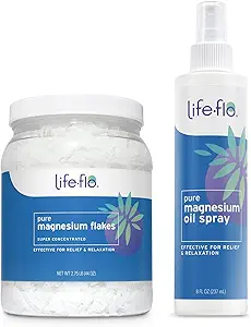 Life-flo Pure Magnesium Oil Spray 8oz en Magnesium Flakes for Bath 44oz - Magnesium Chloride from The Zechstein Seabed - Relief and Relaxation Bundle - Verzacht spieren en gewrichten - 60 dagen garantie