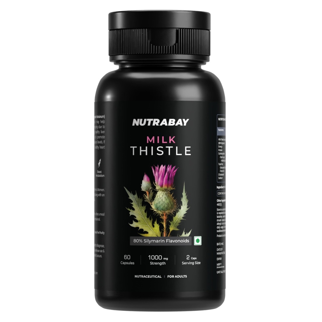 Nutrabay Wellness Milk Thistle Extract (80% Silymarin Marianum) - Improves Digestion, Liver Detox & Cleanse for Men & Women, Liver Support Supplement - 1000mg, 60 Veg Capsules