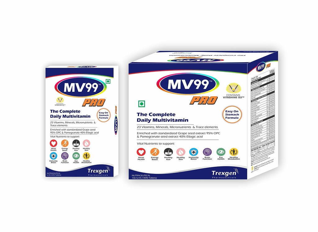 Trexgen® MV99™-PRO The Complete Daily Multivitamin with A,D,E,K,B-Complex, C, Multiminerals Micronutrients & Trace elements with Grape Seed & Pomegranate extract (10x10 = 100 Tabs)