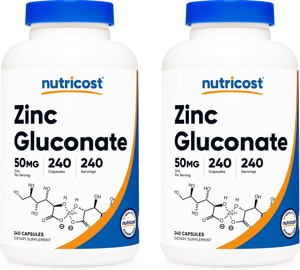 Nutricost Zink Gluconaat 240 Veggie Capsules (50 mg) (2 flessen) - Glutenvrij en niet-GMO