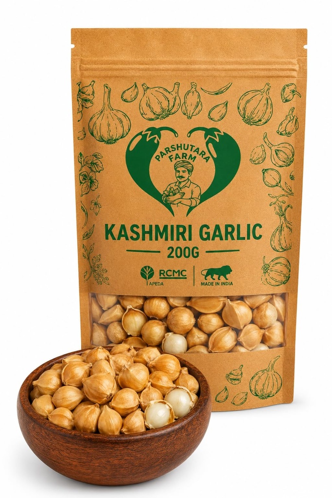 Parshutara farm hills Kashmiri Garlic 200 gm | Natural Single Clove Lehsun | Snow Mountain Garlic | Allium Sativum - Air Tight Pack | Pack Of 1