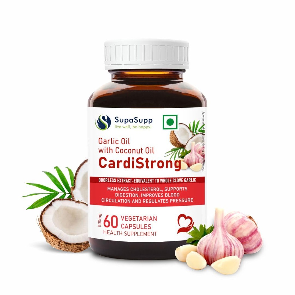 Sri Sri Tattva SupaSupp Garlic Oil Capsules - 500 mg, 60 Veg Capsules | Heart, Cholesterol, Digestion & Healthy Circulation Support | Garlic Oil with Coconut Oil, Daily Health Supplement | (Pack of 1)