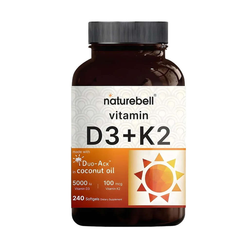 NatureBell Vitamine D3 K2-240 Softgels - 5 000 UI Vitamine D3 & 100mcg Vitamine K2 MK-7 - avec huile de noix de coco vierge - Soutien de santé osseux, cardiaque et immunitaire* - Formule Duo-Ack