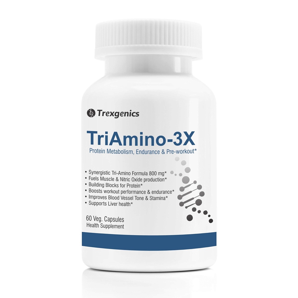 Trexgenics® TRIAMINO-3X Advanced Nitric Oxide Precursor, Protein Metabolism, Endurance, Recovery, Blood Circulation & Pre-Workout, L Arginine 300mg, Ornithine 250 mg & Lysine 250mg/Capsule (60 Veg. Capsules)
