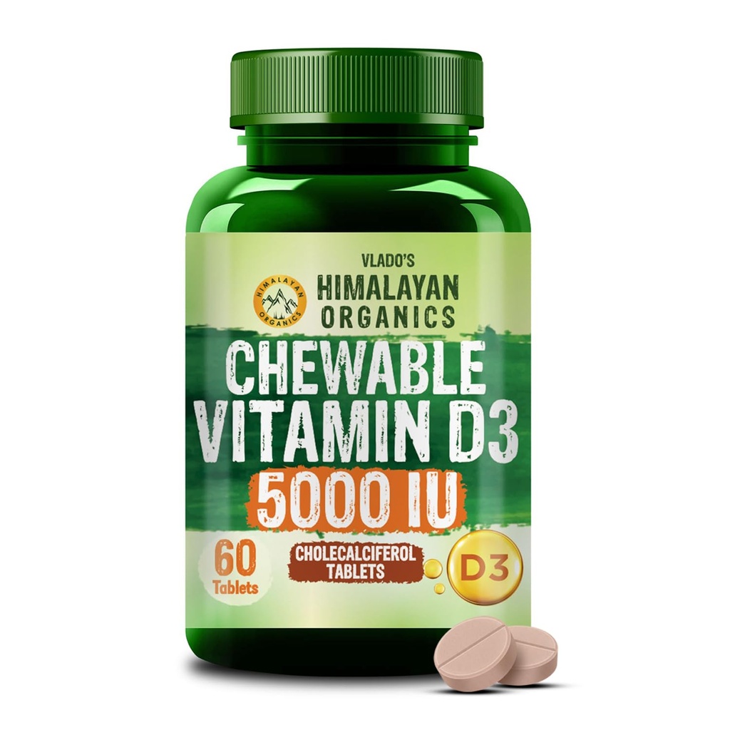 Vlado's Himalayan Organics Vitamin D3 5000IU - Chewable Vitamin D Tablets | Cholecalciferol Vitamin D3 Supplement for Bone & Immunity | For Men And Women | Orange Flavour - 60 Tablets