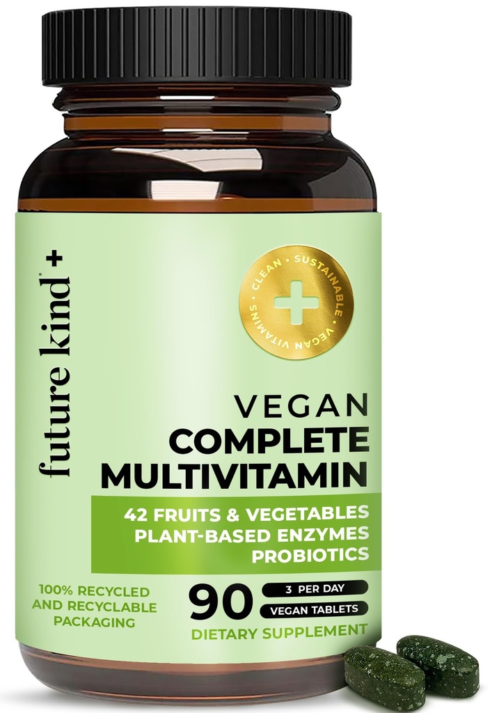 Future Kind Vegan Multivitamines Complete - 42-in-1 Vegan Multivitamines voor vrouwen en mannen met enzymen, B12, zink, & probiotica voor digestie (90 tabs in gerecycled flesje)