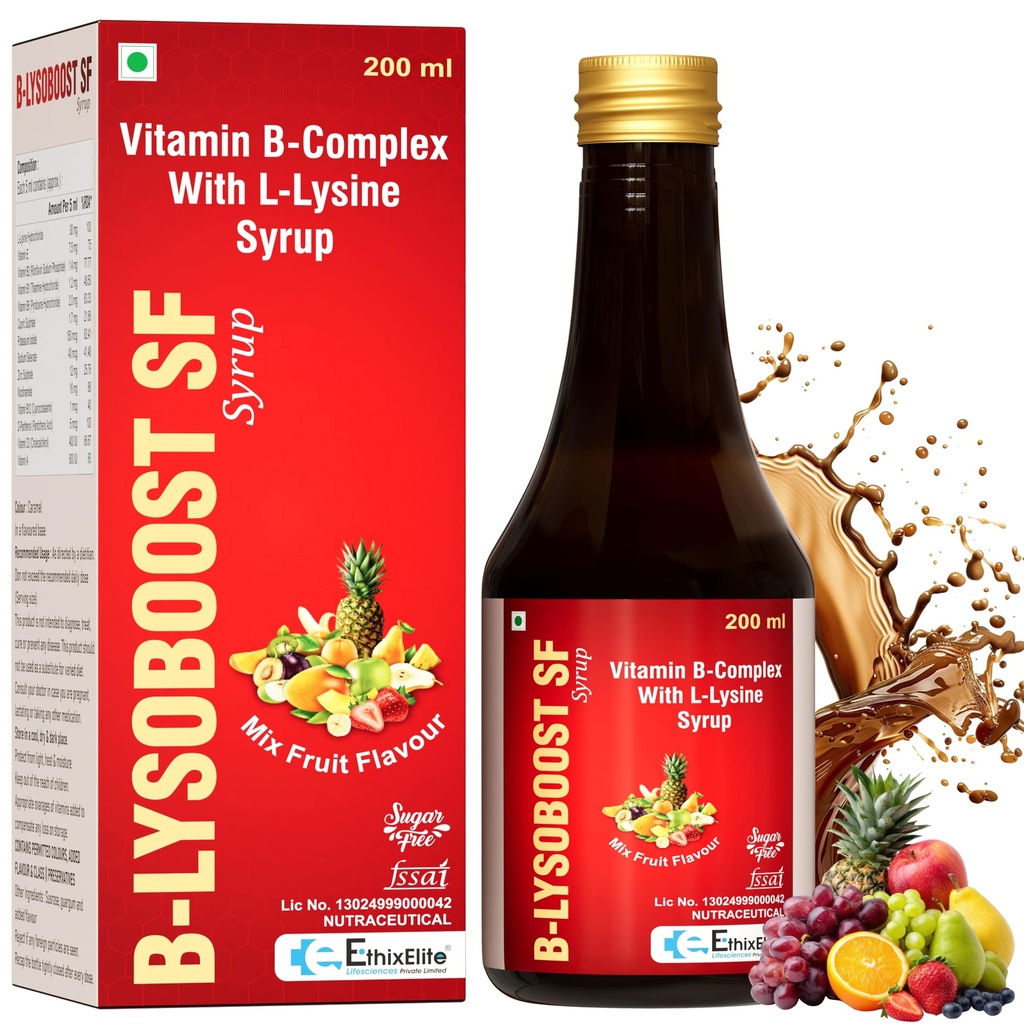 B-LYSOBOOST SF Syrup 200 ml | Vitamin B-Complex with L-Lysine | Zinc, Selenium, Vitamin A, D3 & E | Supports Appetite, Energy & Nutritional Health | Sugar Free Mix Fruit Flavour Syrup