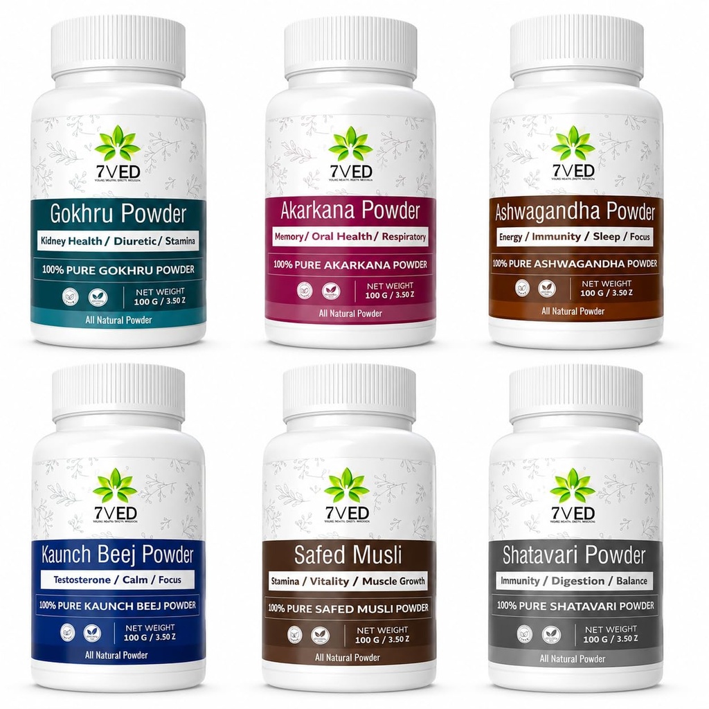 Herbal Combo Pack with Ashwagandha, Shatavari, Safed Musli, Kaunch Beej, Gokhru & Akarkara Powder – 6 x 100g Pure Ayurvedic Herbal Powder for Daily Wellness, Strength, Stamina & Vitality Support